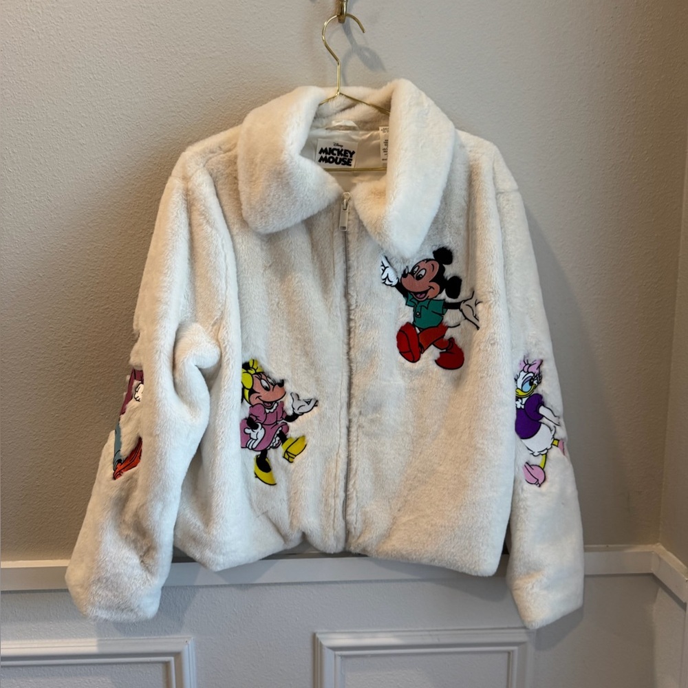 Disney White Fuzzy Jacket with Mickey & Friends Embroidery